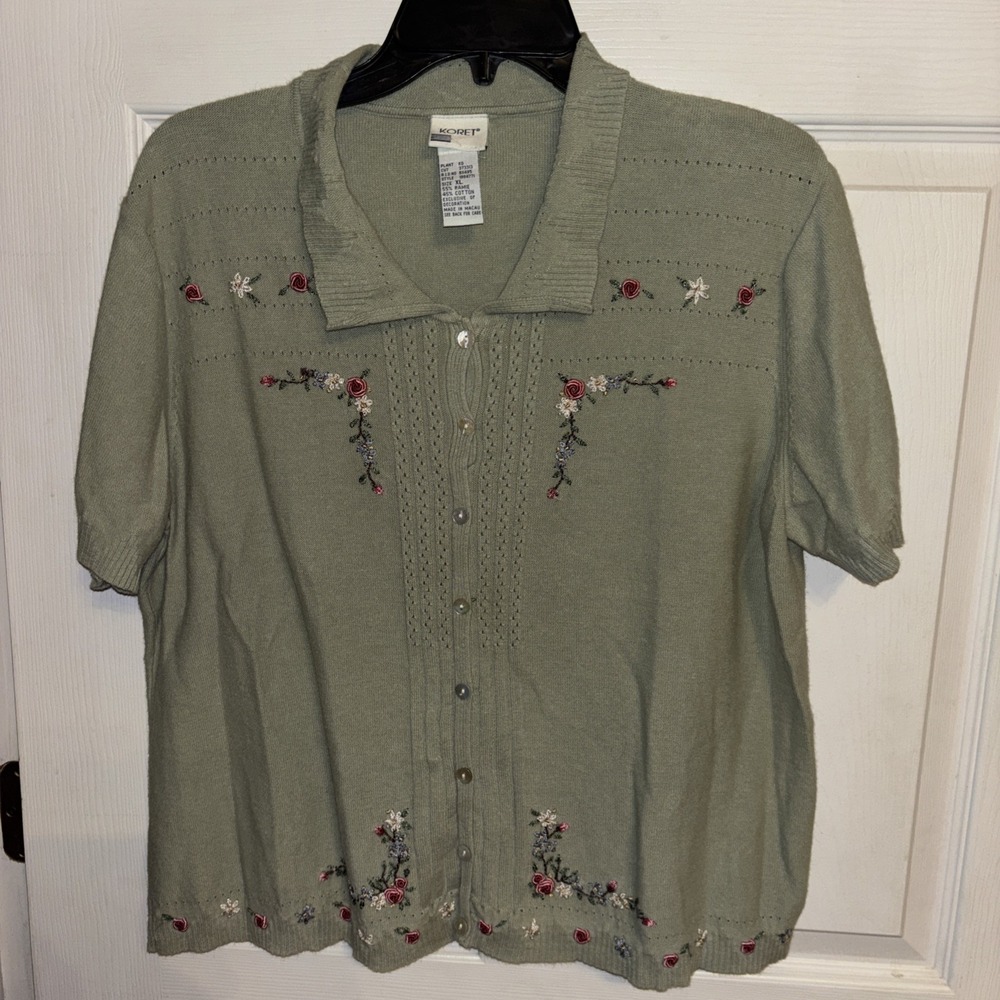 Vtg Koret XL Green Embroidered Button Up SS Sweater Ramie Cotton Cottagecore